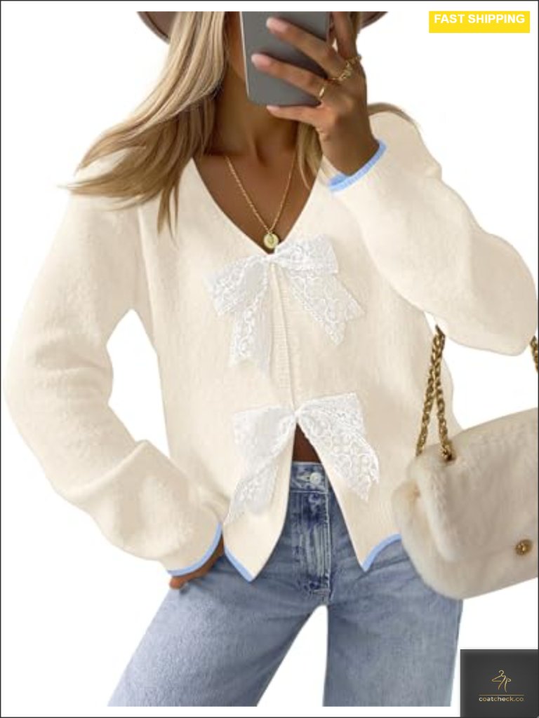 Women's Chunky Knit Cardigan With Tie Front Bow - Long Sleeve V-Neck Loose Fit